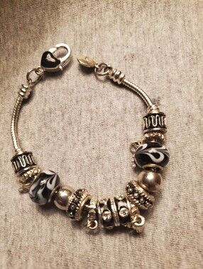 Pandora Style Black & White Murano Glass Charm Bracelet GUC 7.5"